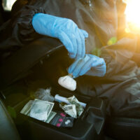 Person wearing blue gloves handling a small bag of powder inside a car, with cash and pills on the seat and bright sunlight entering from the window.